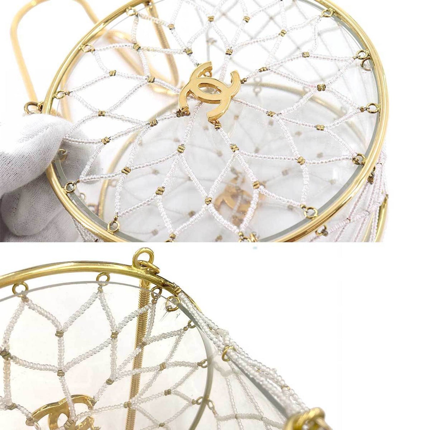 Chanel beads hand bag clear white gold metal fittings here mark