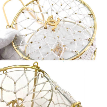 Chanel beads hand bag clear white gold metal fittings here mark