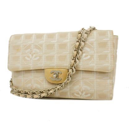 ChanelAuth  Chocolate Bar New Travel W Chain Nylon Canvas Shoulder Bag Beige