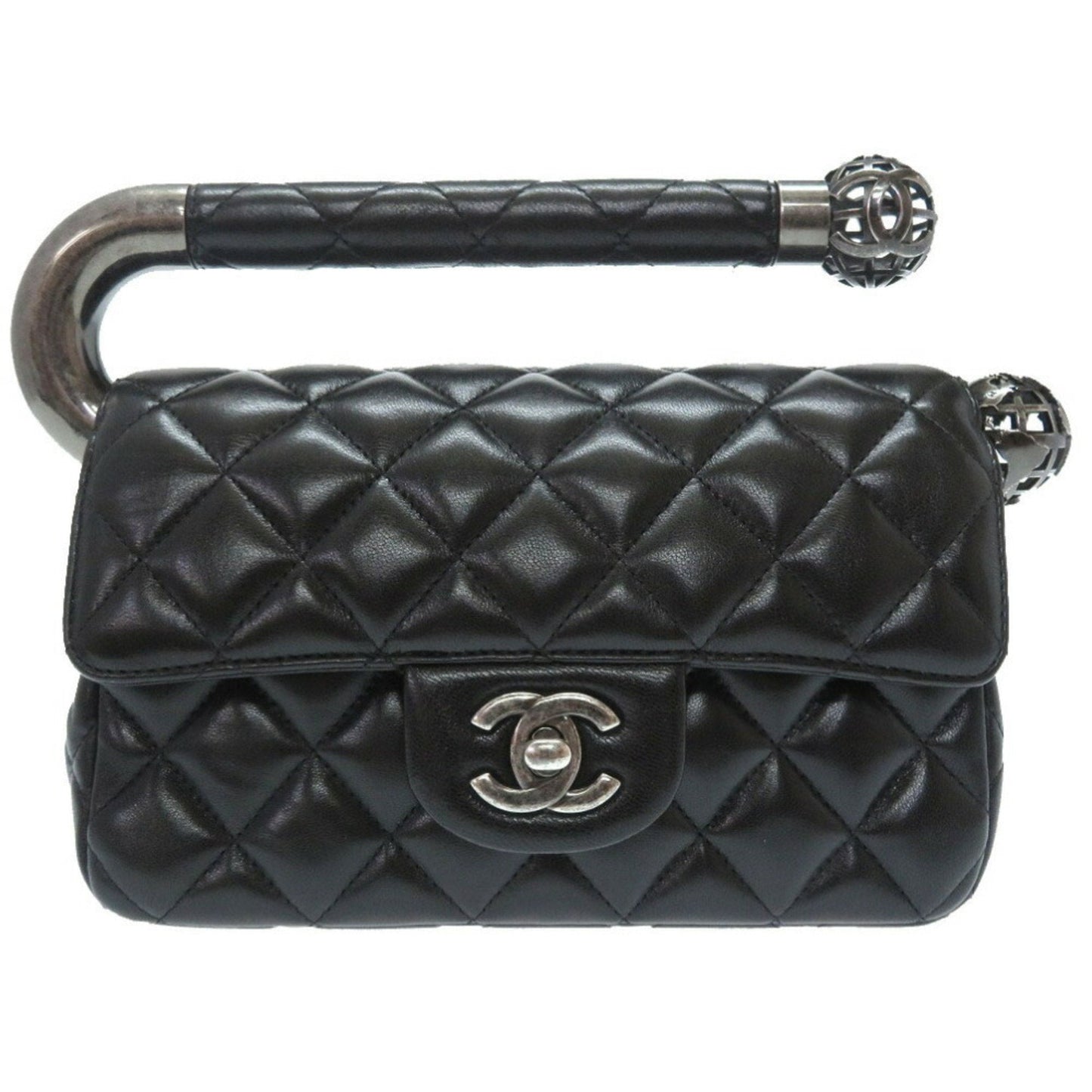 Chanel Around The World Evening Matrasse Lambskin Black Earth 18s Gun Metallic Metal Fittings Handbag Coco Mark Turn Lock