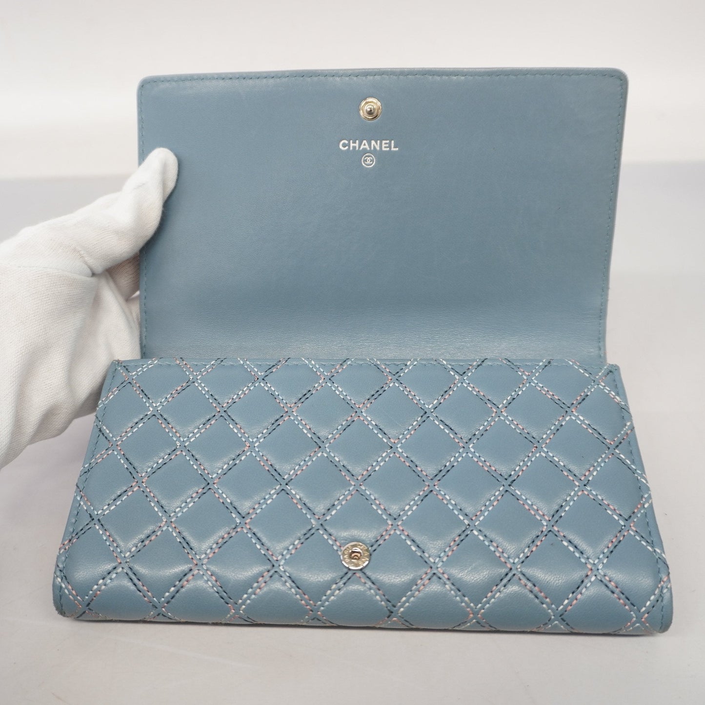 Chanel bi-fold long wallet lambskin light blue silver metal