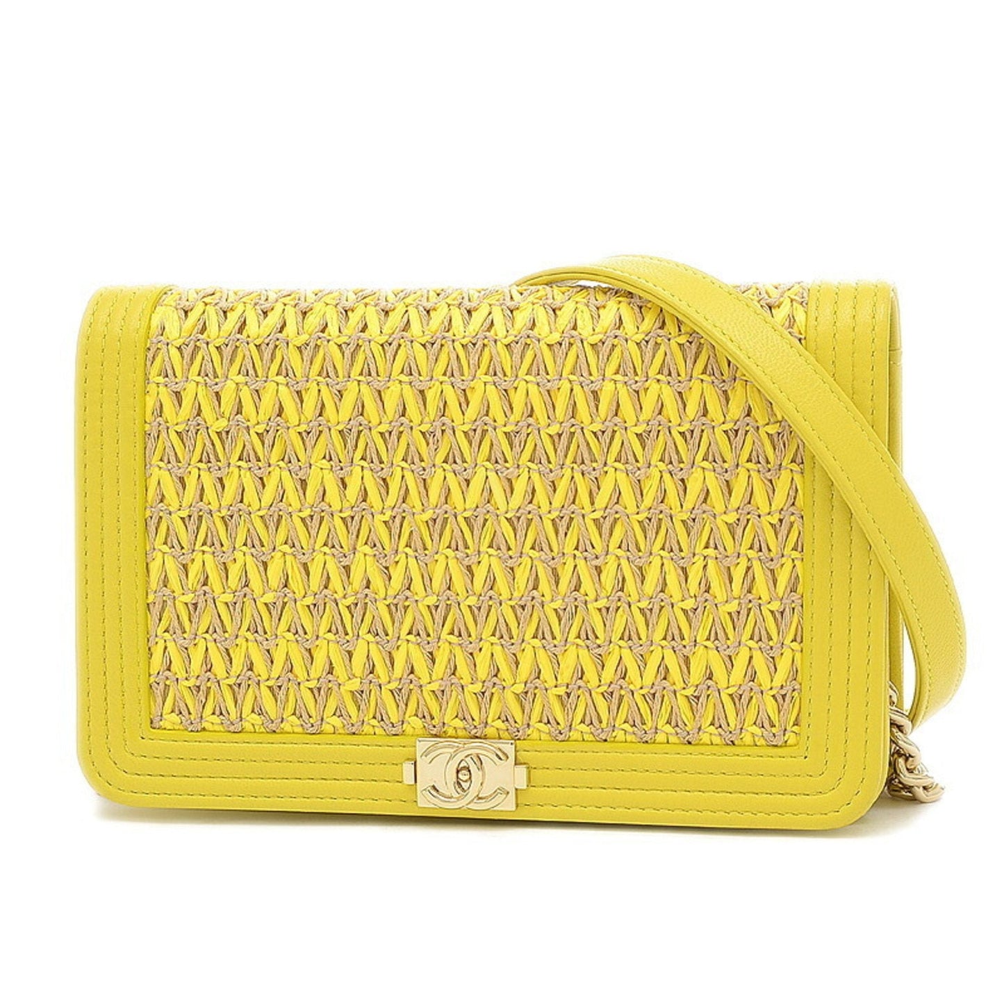 Chanel Boy Chain Wallet Long Raffia Leather Yellow A81969