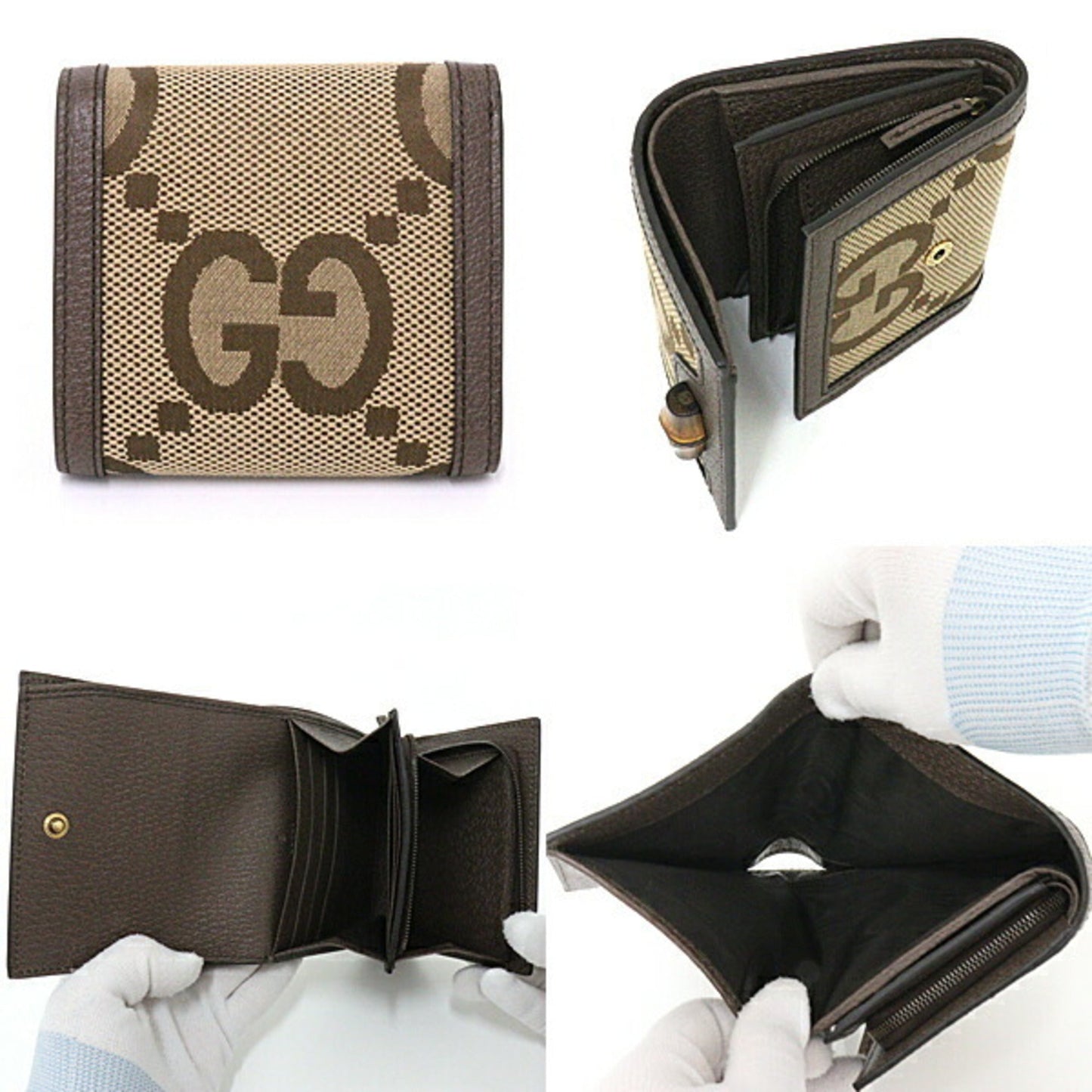 GUCCI Jumbo GG Diana Bamboo Compact Wallet Bifold L-shaped Zipper Coin Purse Canvas 658635 Brown Gold Hardware