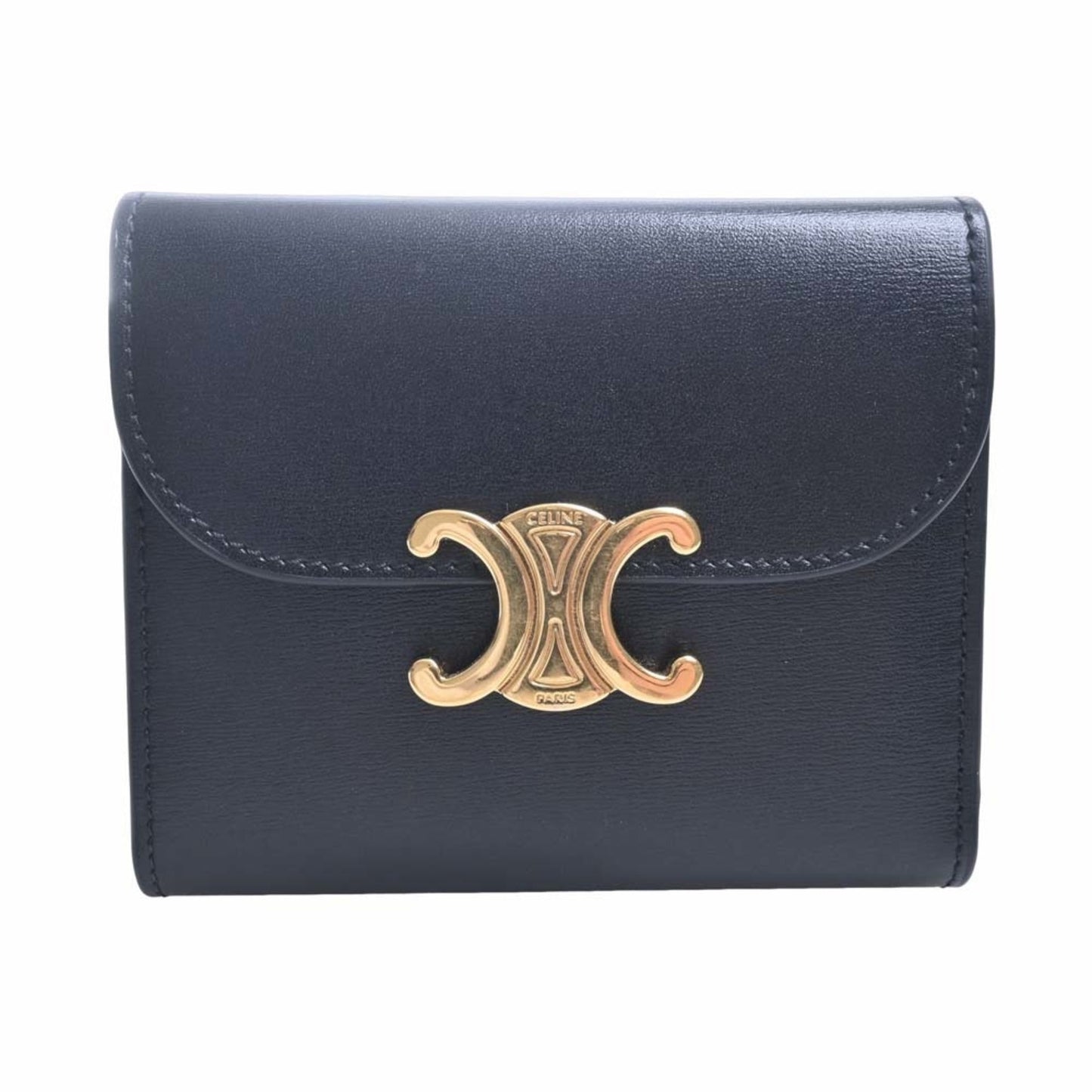 Celine Leather Triomphe Trifold Wallet Black Ladies