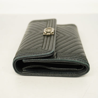 ChanelAuth  Boy  Tri-fold Wallet Silver Metal Fittings Women's Caviar