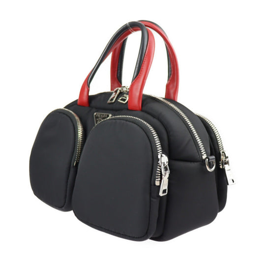 Prada TESSUTO POCKET handBag 1BB062 nylon leather black red silver hardware 2WAY shoulder Bag mini Boston bomber