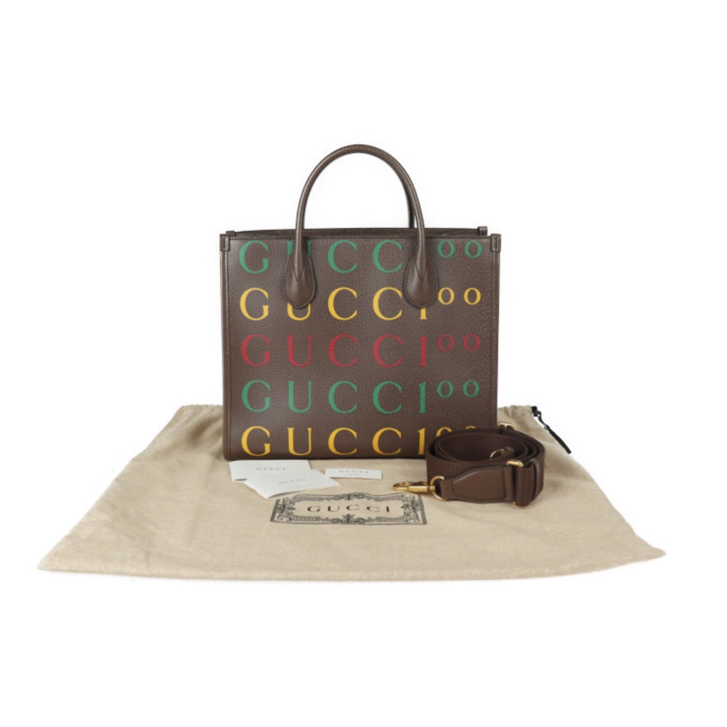 GUCCI 100th Anniversary Tote Bag 680956 Leather Brown Multicolor 2WAY Handbag Shoulder