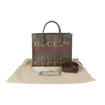 GUCCI 100th Anniversary Tote Bag 680956 Leather Brown Multicolor 2WAY Handbag Shoulder