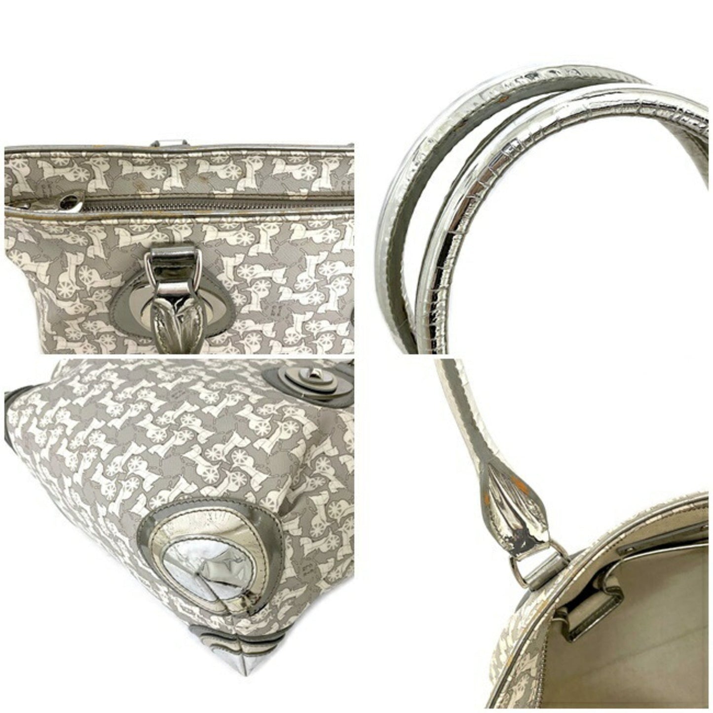 Celine Tote Bag Gray Silver White Salky PVC Leather Celine Carriage Horse Women's Metallic