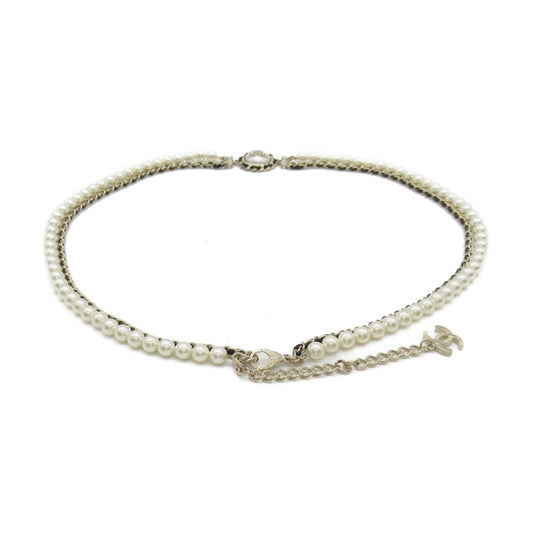 CHANEL Belt with pearls B21K Gold Black leather metal AB7084
