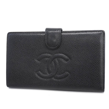 ChanelAuth  Gold Hardware Women's Caviar Leather Long Wallet Black