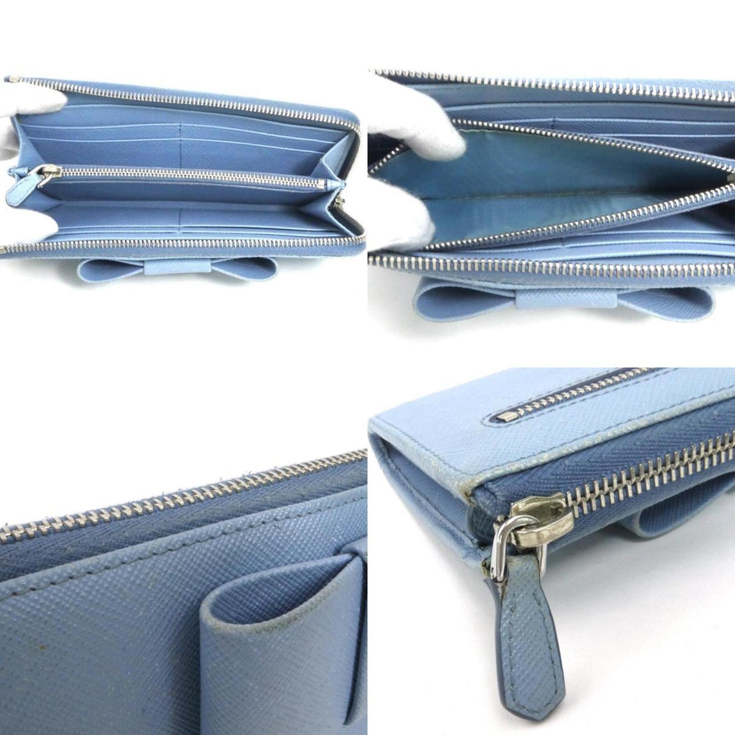 Prada L-shaped zipper long wallet logo ribbon leather light blue silver ladies