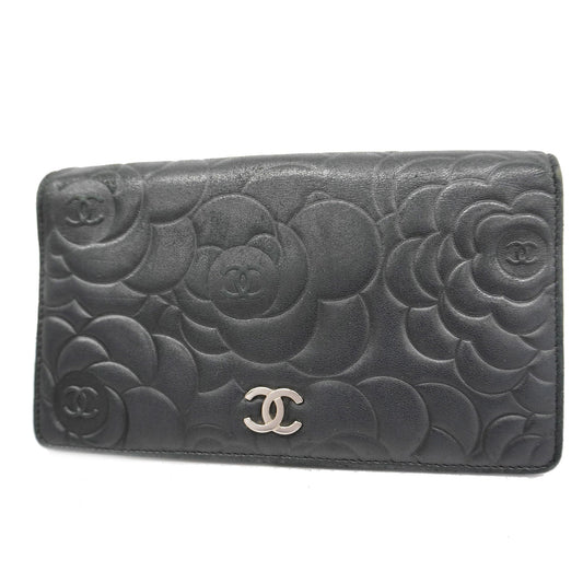 CHANEL Camellia Bi-fold Long Wallet With Silver Metal Women's Lambskin