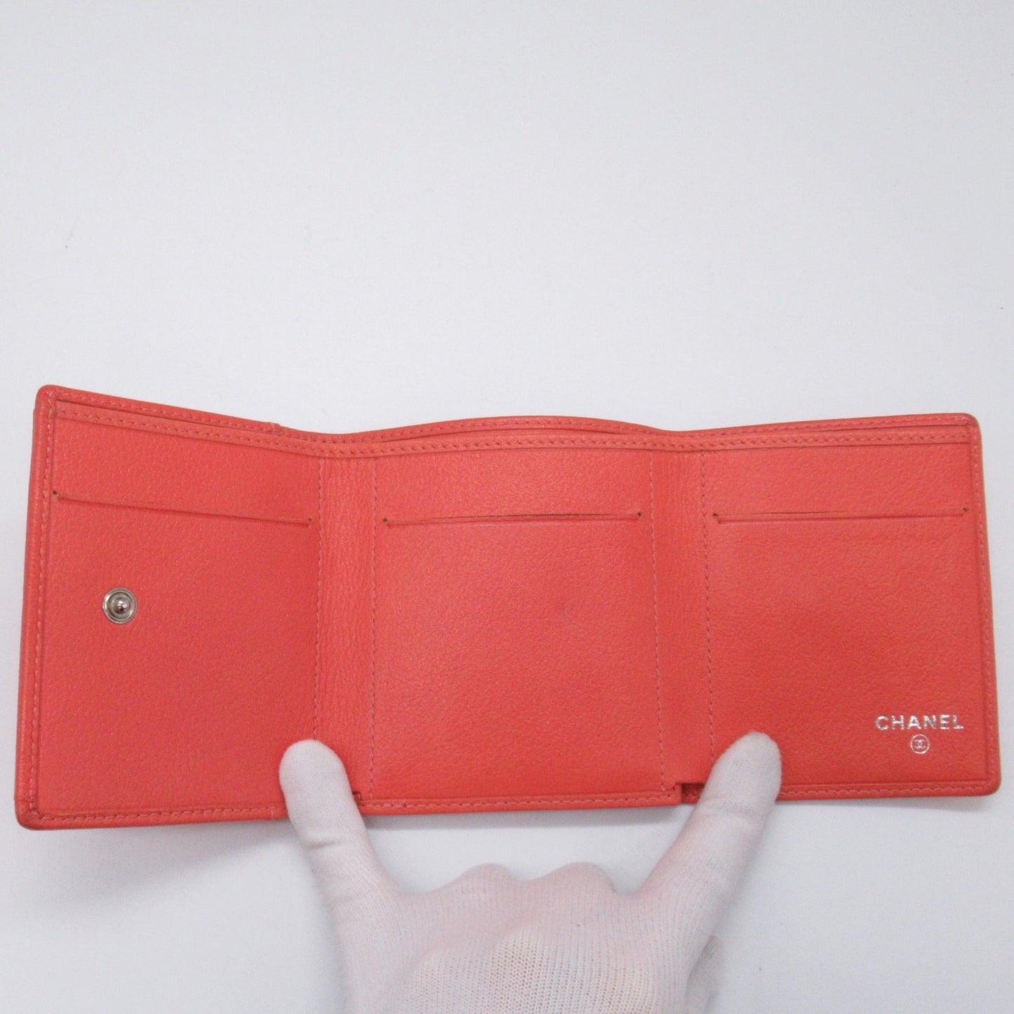 CHANEL Camellia Tri-fold Wallet Orange Calfskin (cowhide)