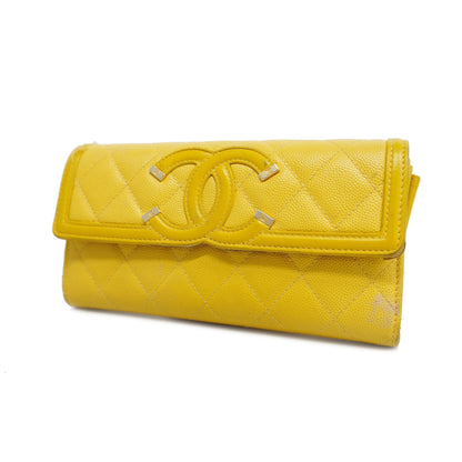 ChanelAuth  CC Filigree Gold Hardware Women's Caviar Leather Long Wallet Yellow