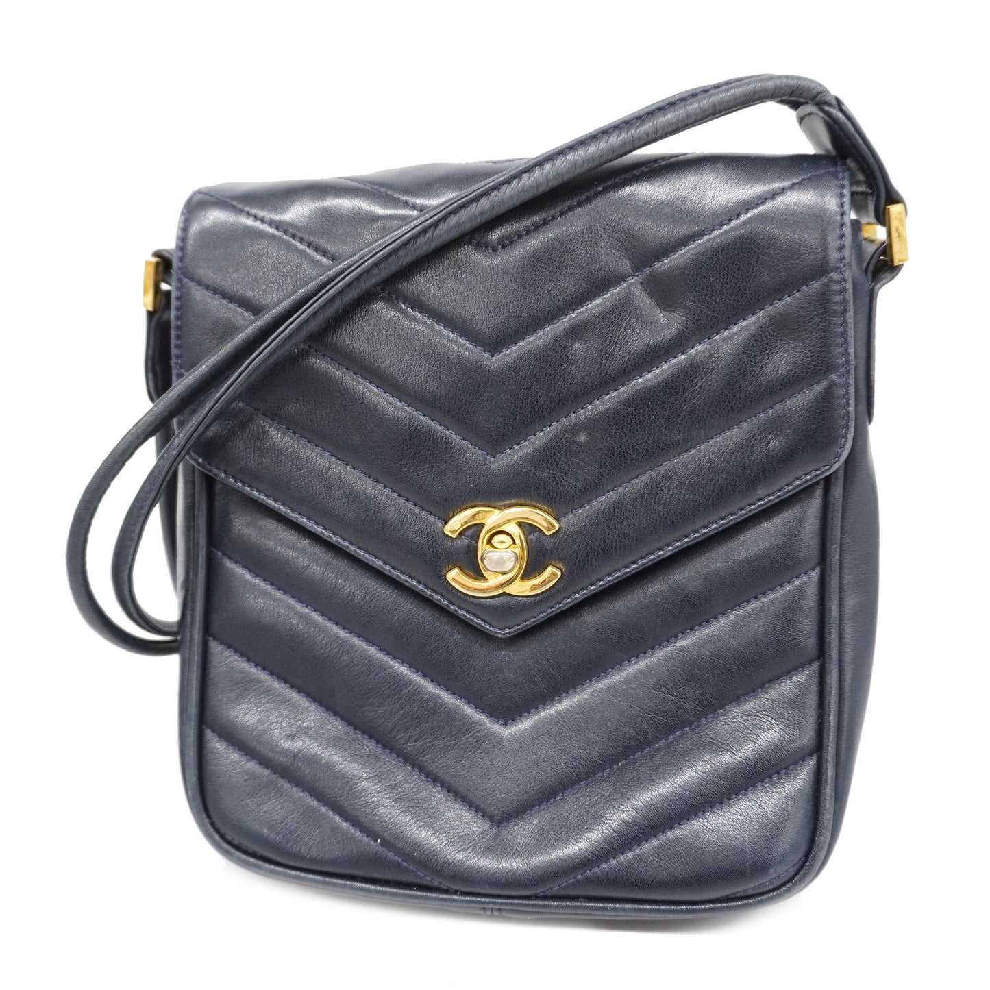 CHANEL   V Stitch Leather Shoulder Bag Navy