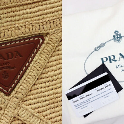 Prada 21SS raffia tote Bag ladies beige triangle plate with leather pouch straw 1BG330 Prada