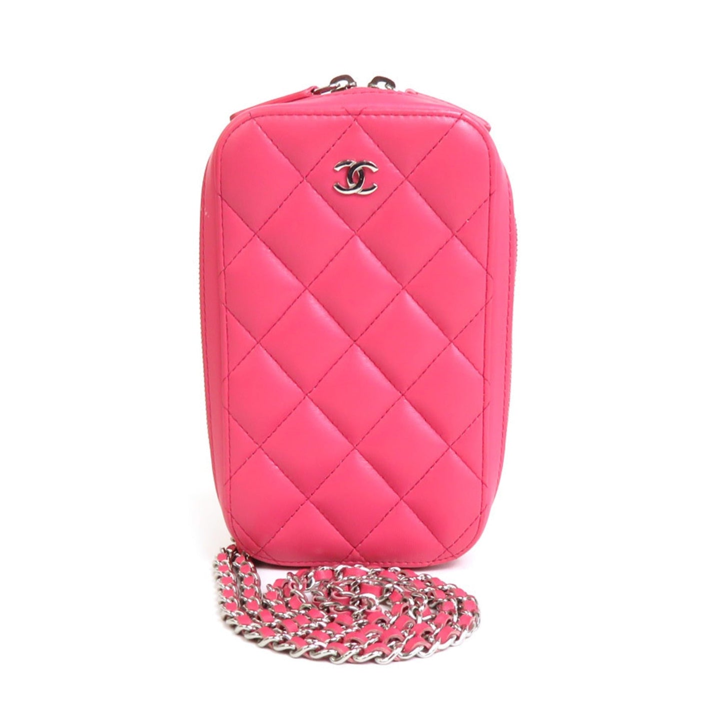 Chanel Smartphone Case Chain Phone Pouch Crossbody Shoulder Bag Matelasse Leather/Metal Pink/Silver Women's