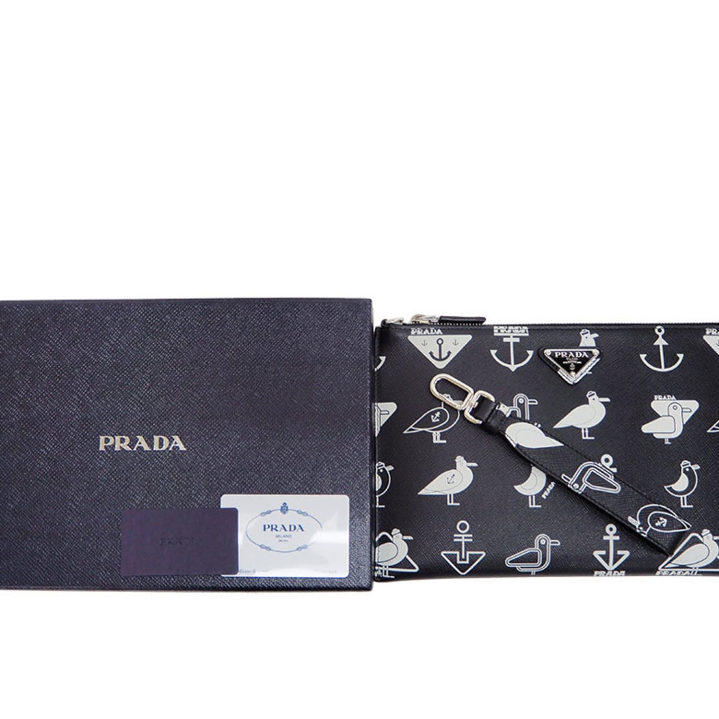 Prada Saffiano Leather Document Holder 2NH003 Black x White 2019SS Clutch Bag Pouch