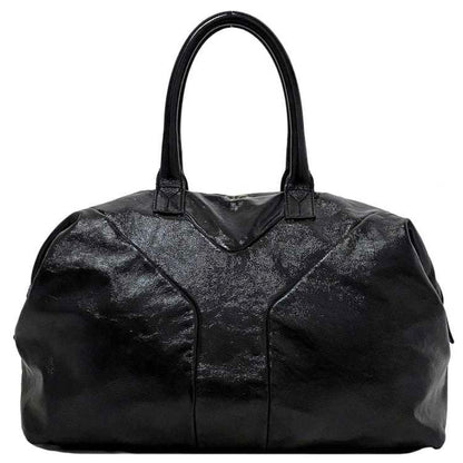 Yves Saint Laurent Easy Boston Bag Black Silver Tote Patent Leather  YSL Embroidery Stitch Y