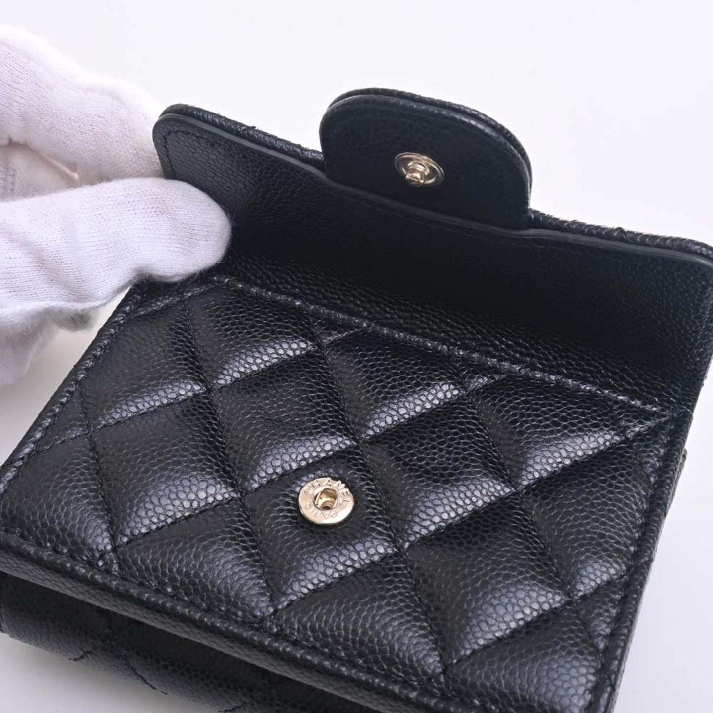 CHANEL Caviar Skin Matelasse Coco Mark Trifold Wallet Black Ladies