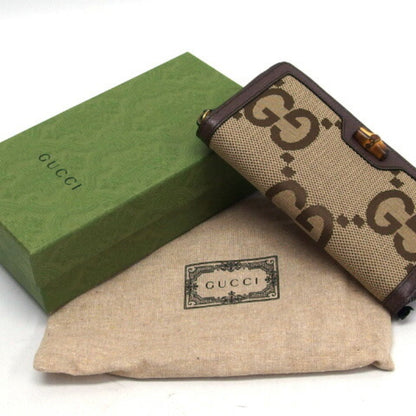 Gucci Beige Dark Brown Canvas Leather Long Wallet (Bi-Fold)