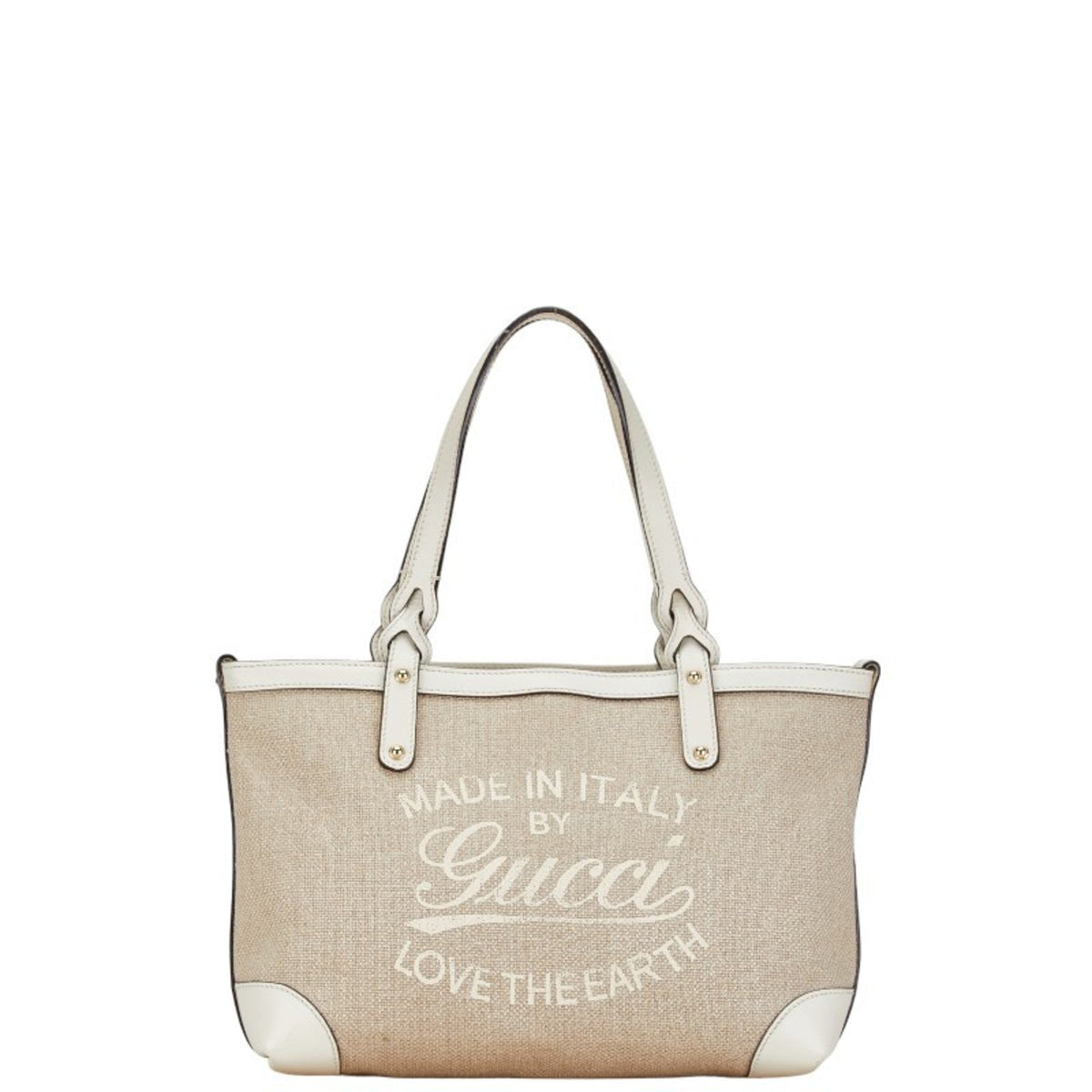 Gucci Beige White Canvas Leather Handbag Tote Bag
