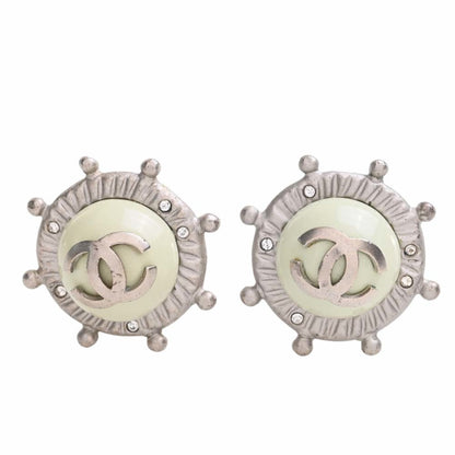 Chanel Rhinestone Rudder Motif Coco Mark Earrings Silver Women's