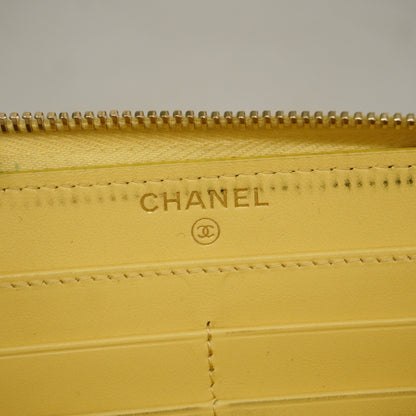 ChanelAuth  Camellia Bi-fold Long Wallet Gold Hardware Leather Yellow