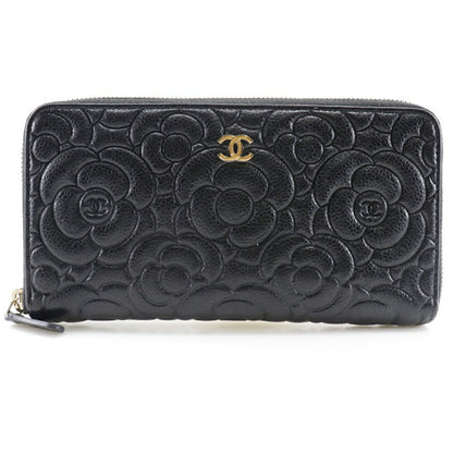 CHANEL Camellia Emboss Cocomark A82281 Matte Caviar Skin Black Women's Long Wallet