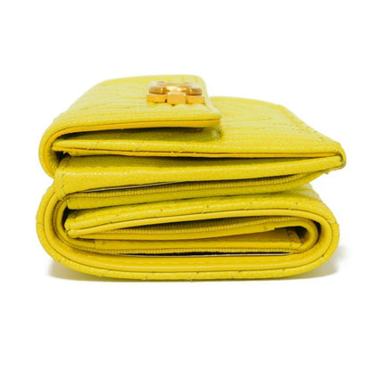 CHANEL Trifold Wallet Boy  Small Flap Turnlock Caviar Skin Chevron Yellow A84432 Men's Women's Bill Purse