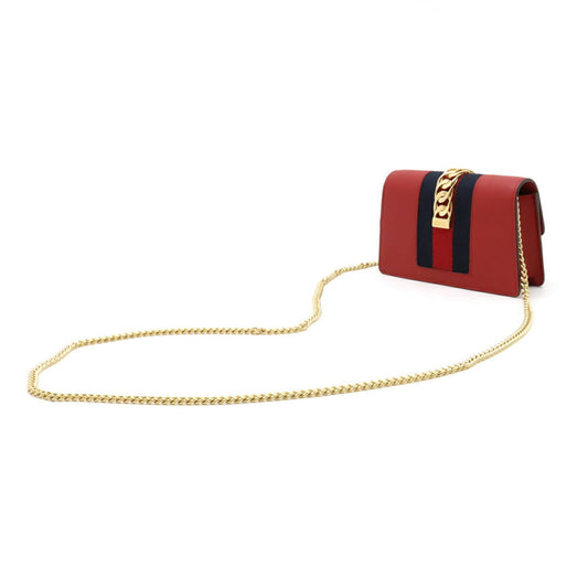 GUCCI Sylvie Webline Chain Shoulder Bag Pochette Clutch Leather Red 494646