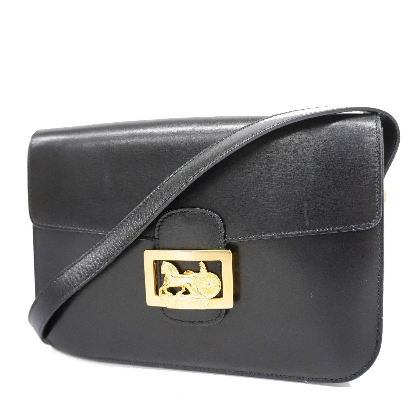 Celine  Carriage Metal Fittings Women's Leather Shoulder Bag Black