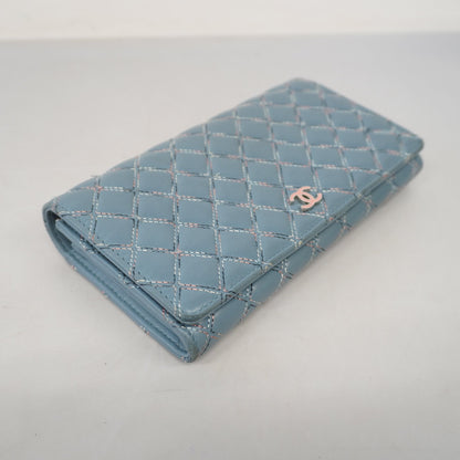 Chanel bi-fold long wallet lambskin light blue silver metal