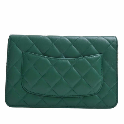 CHANEL Lambskin Matelasse Coco Mark Chain Shoulder Long Wallet Green Ladies