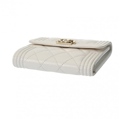CHANEL Boy Chanel Compact Wallet White Women's Caviar Skin Tri-fold