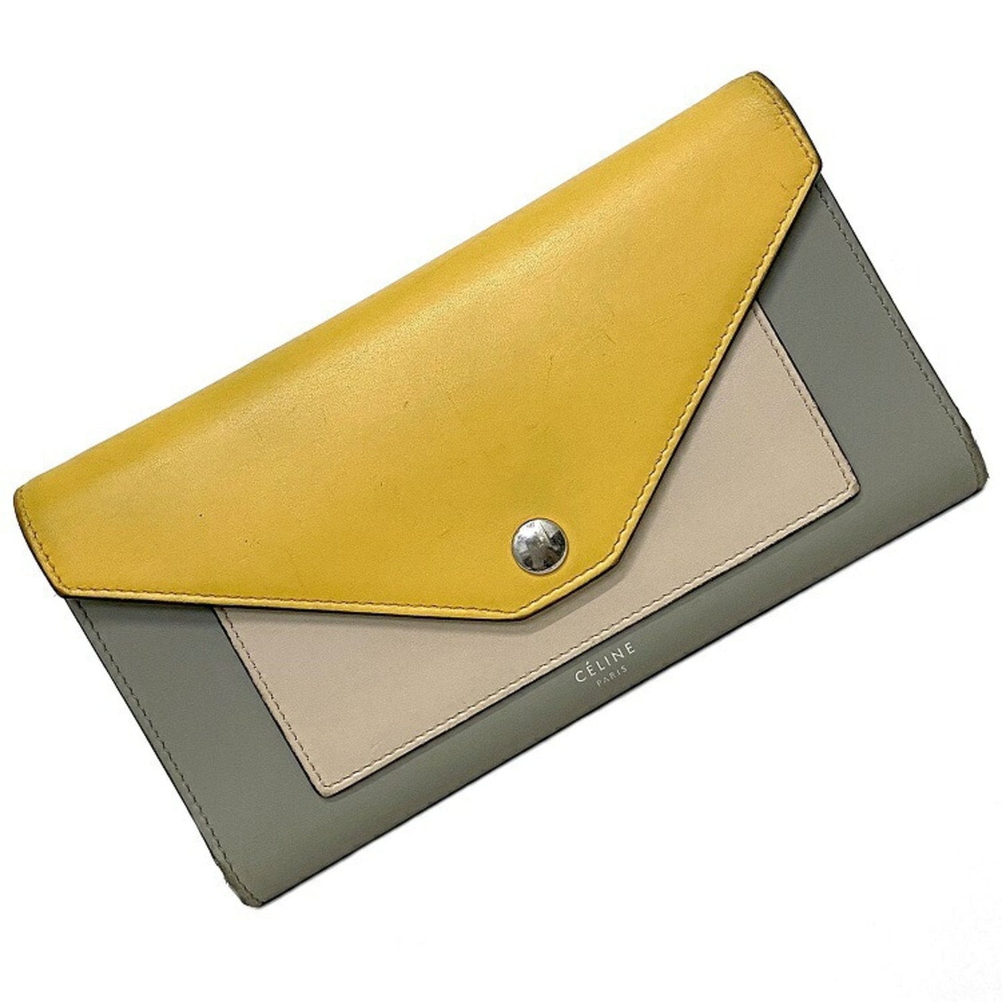 Celine Tri-Fold Wallet Trifold Multifunction Yellow Gray Beige 105853 Leather Celine Calfskin Women's Genuine