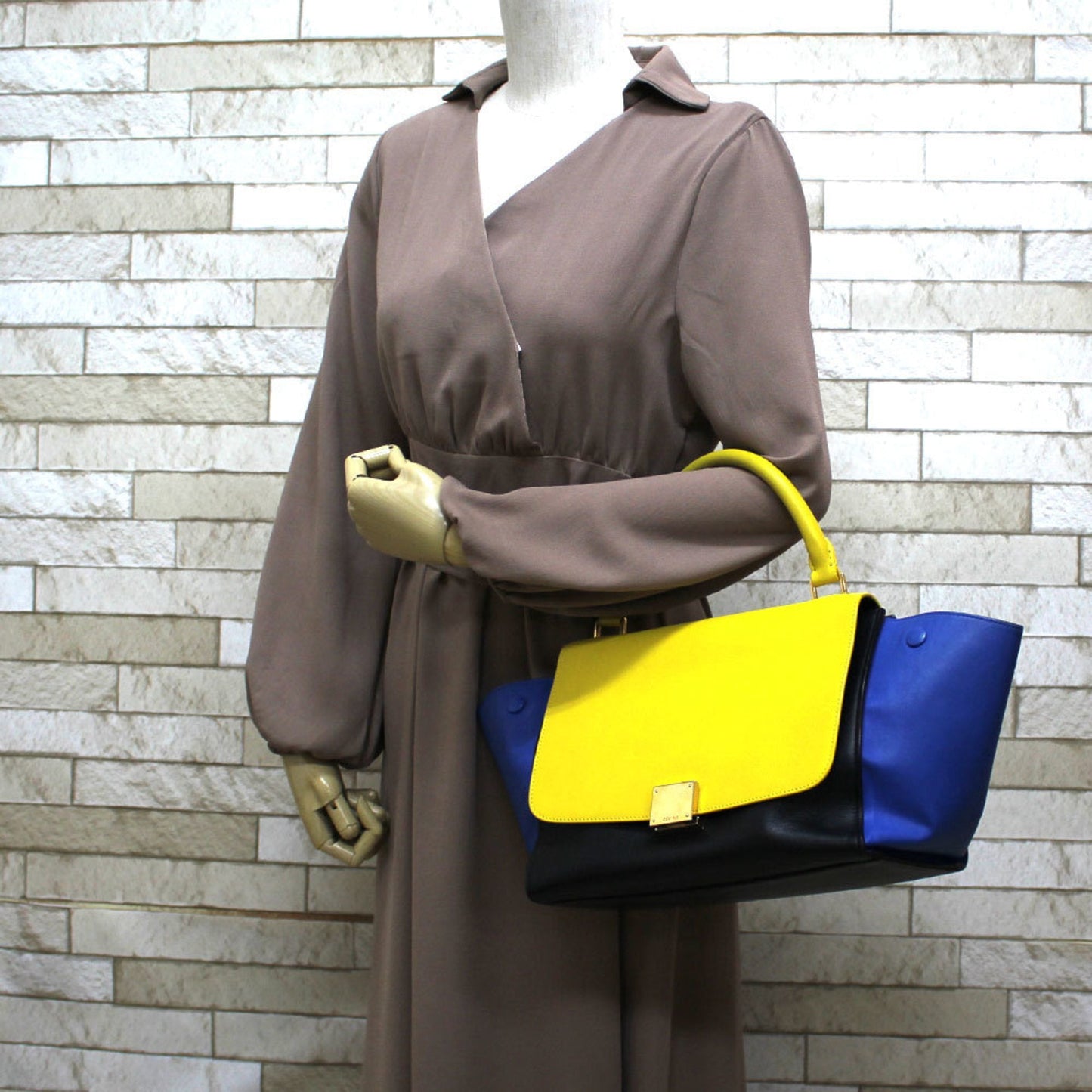 Celine Shoulder Bag Trapeze Handbag 2way White x Black Ladies