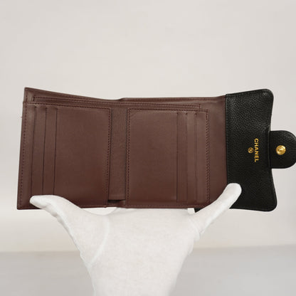 ChanelAuth  Matelasse Tri-fold Wallet Gold Metal Fittings Women's Caviar Leather