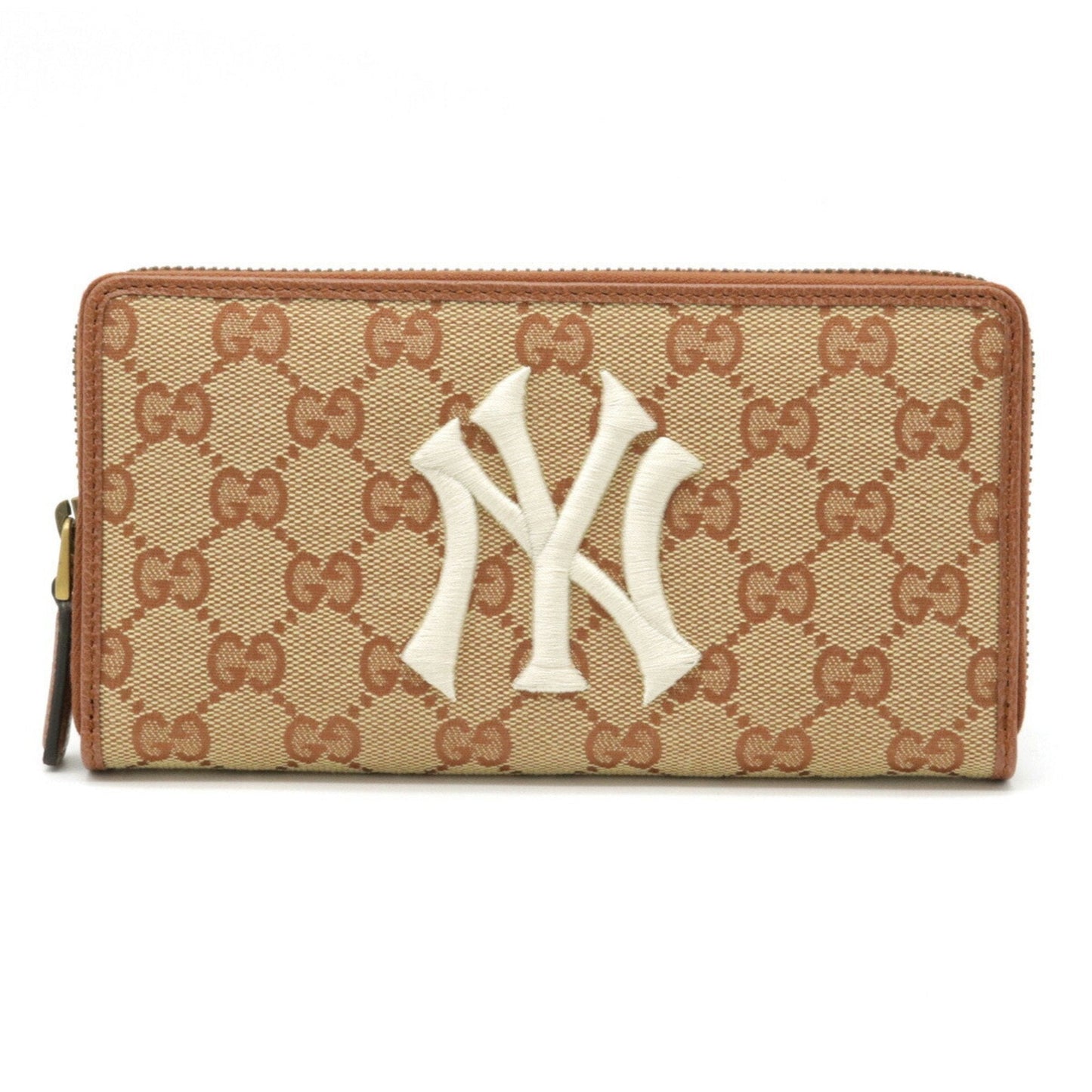 GUCCI Gucci GG Canvas NY Yankees Model MLB Major League Collaboration Round Long Wallet Khaki Beige Brick Red 547791