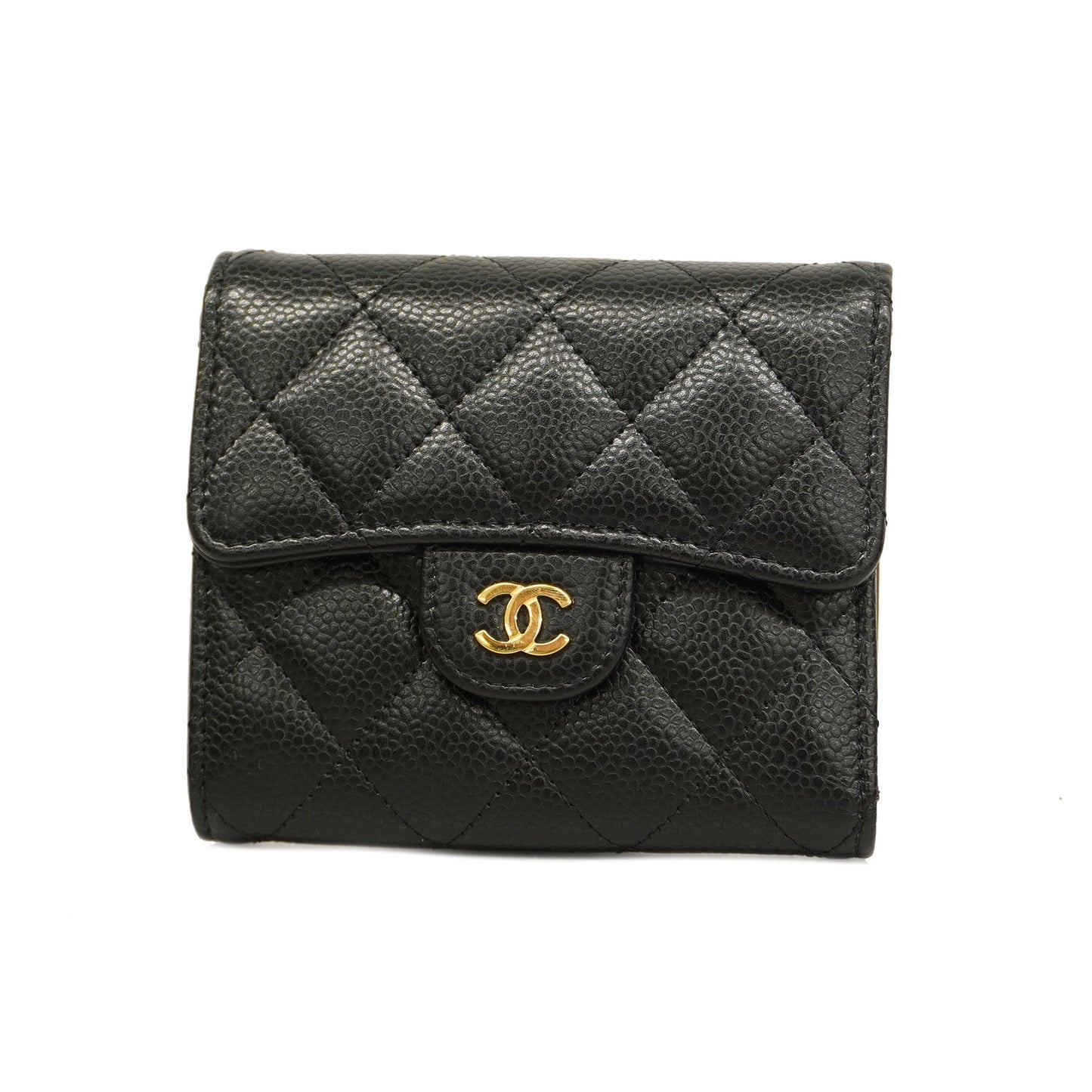 ChanelAuth  Matelasse Tri-fold Wallet Gold Metal Fittings Women's Caviar Leather
