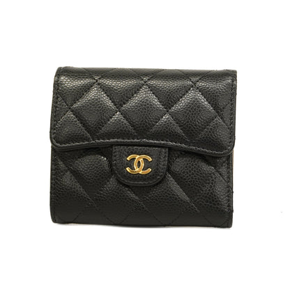 ChanelAuth  Matelasse Tri-fold Wallet Gold Metal Fittings Women's Caviar Leather