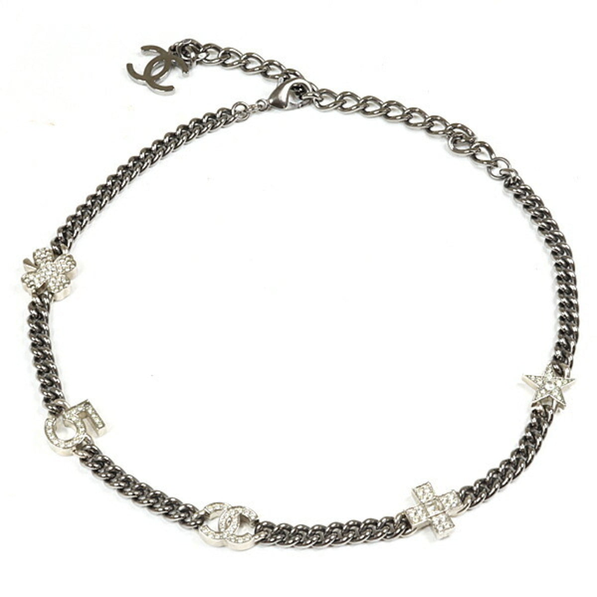 Chanel Necklace Coco Mark Clover Star 5 Cross Rhinestone A22P Gunmetal Silver