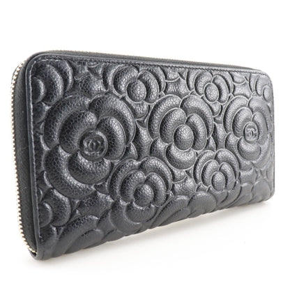 CHANEL Camellia Emboss Cocomark A82281 Matte Caviar Skin Black Women's Long Wallet