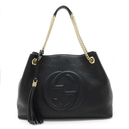 GUCCI Soho Interlocking G Tote Bag Chain Shoulder Leather Black