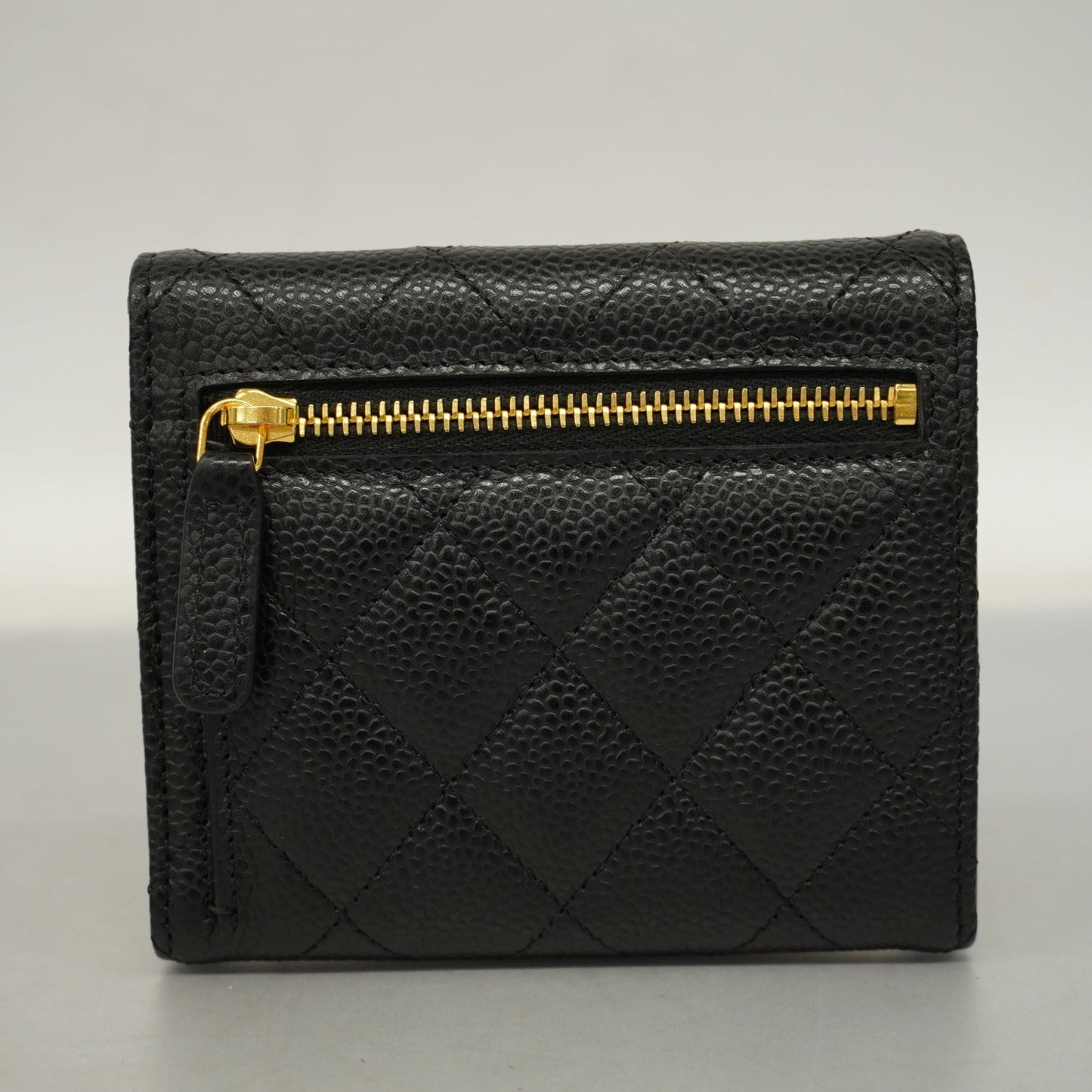 CHANEL[3ca0380] Auth  tri-fold wallet Matelasse caviar skin black gold metal