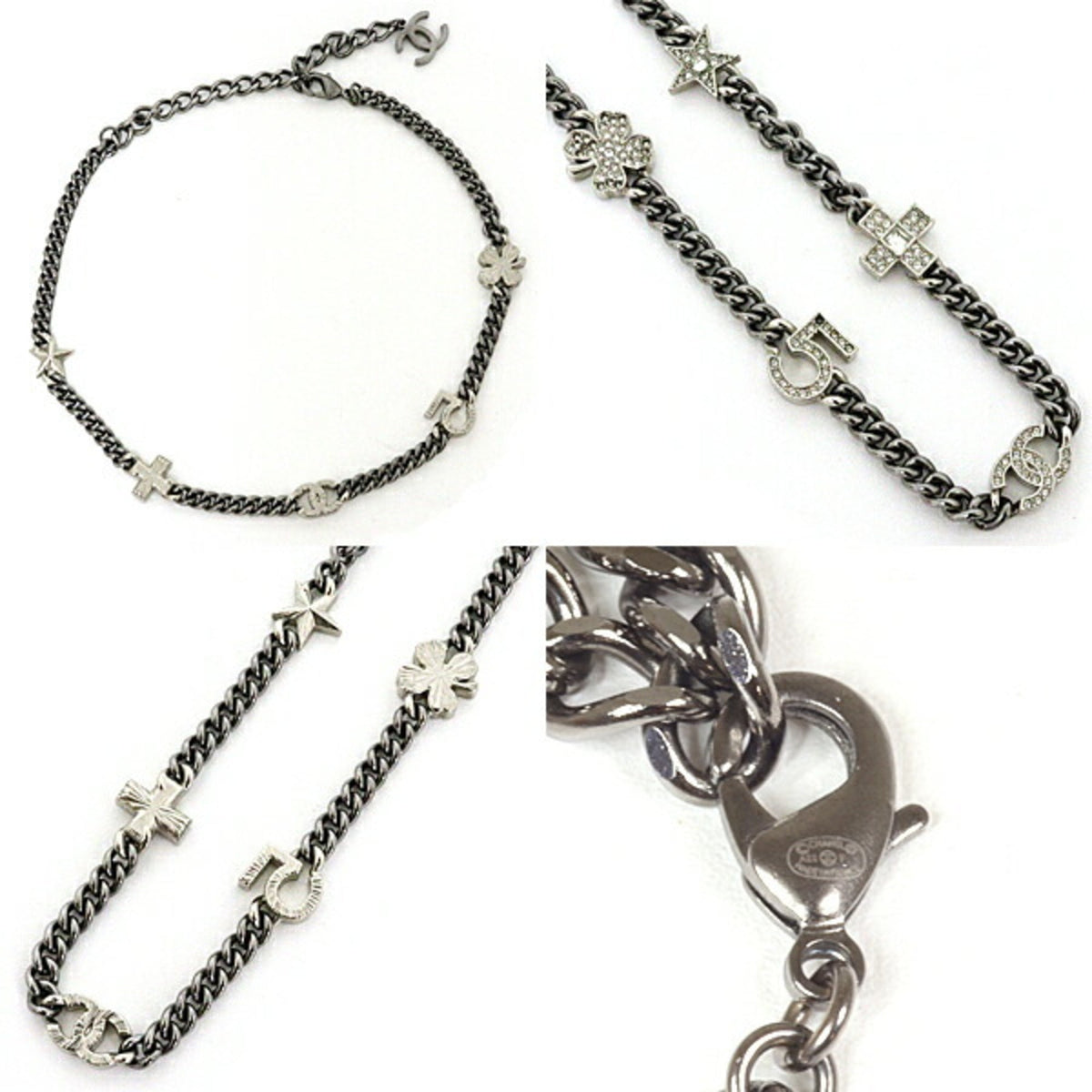 Chanel Necklace Coco Mark Clover Star 5 Cross Rhinestone A22P Gunmetal Silver