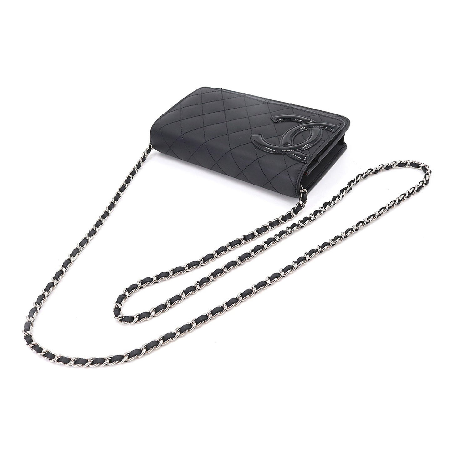 CHANEL Cambon Line Chain Wallet Bifold Long Leather Enamel Black A46646