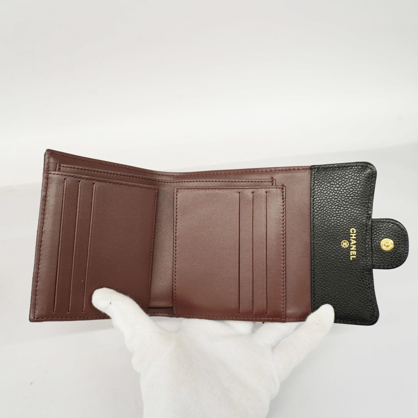 Chanel[3ca0380] Auth  tri-fold wallet Matelasse caviar skin black gold metal