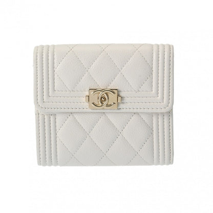 CHANEL Boy Chanel Compact Wallet White Women's Caviar Skin Tri-fold